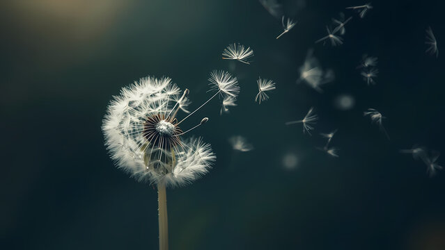 Lonely dandelion with flying seeds in the wind. Symbol of sadness, grief, solitude and fleeting life. Poetic and emotional nature background for loss, mourning and farewell themes
