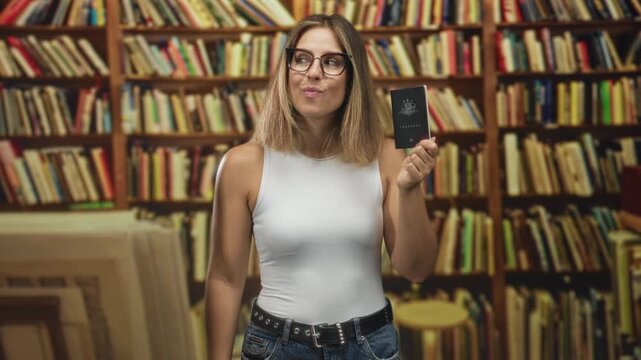 Young hispanic blonde woman holds australian passport in right hand, finger to lips for silence while wearing glasses and white tank top in library building; playful secrecy.