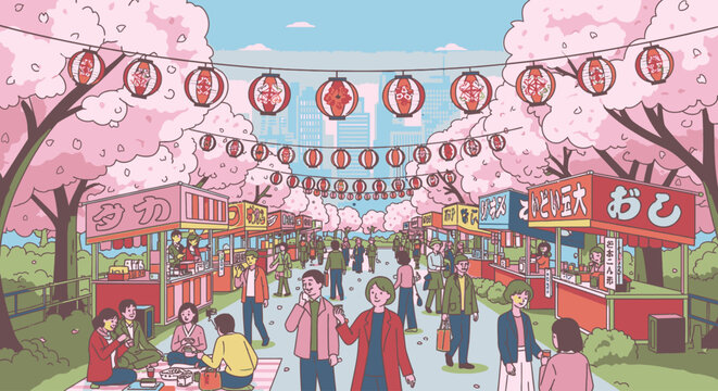 Illustration of a lively festival scene with people walking under pink cherry blossom trees and colorful lanterns in a Japanese market with a joyful and vibrant mood.