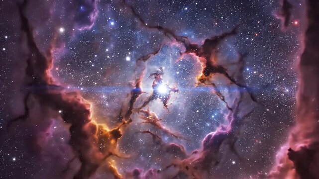 Colorful Nebula in Deep Space - A vivid nebula fills the frame, with bright stars scattered throughout. The nebula glows in shades of purple, blue, orange, and pink, creating a stunning cosmic scene.