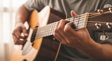 Fototapeta premium Close-up of Musician Playing Acoustic Guitar, Demonstrating Chord Changes and Finger Placement for Music Lessons