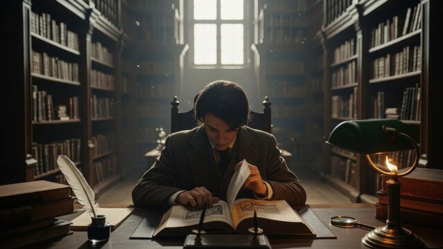 Man studying in old library.