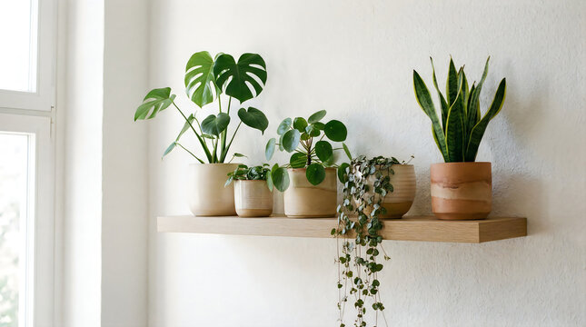 Assorted Potted Houseplants Arranged on a Modern Wooden Shelf Near a Window