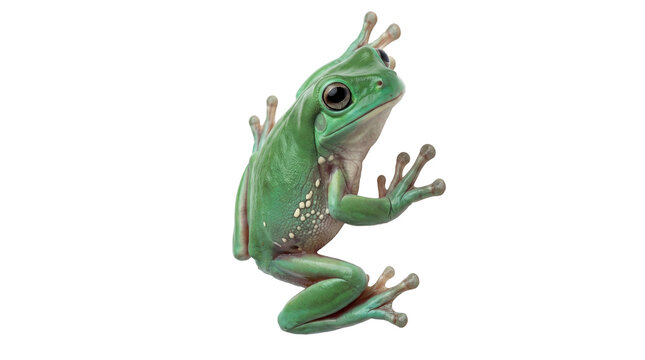 Vibrant green tree frog with striking eyes and suction cup toes, isolated on a transparent background.
