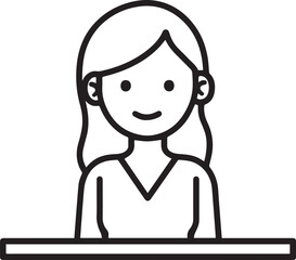 Obraz premium Hand Drawn Woman Sitting at Desk Black and White Avatar Illustration in Minimal Line Art Style Design