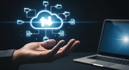 Fototapeta premium Cloud Computing Technology Illustration: Hand Presenting Data Transfer and Storage with Laptop Background