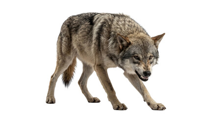 Aggressive gray wolf (Canis lupus) showing teeth and snarling, isolated on a transparent background. © Kathryn