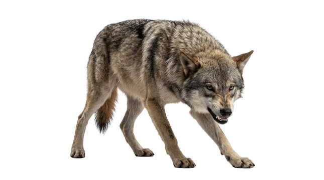 Aggressive gray wolf (Canis lupus) showing teeth and snarling, isolated on a transparent background.