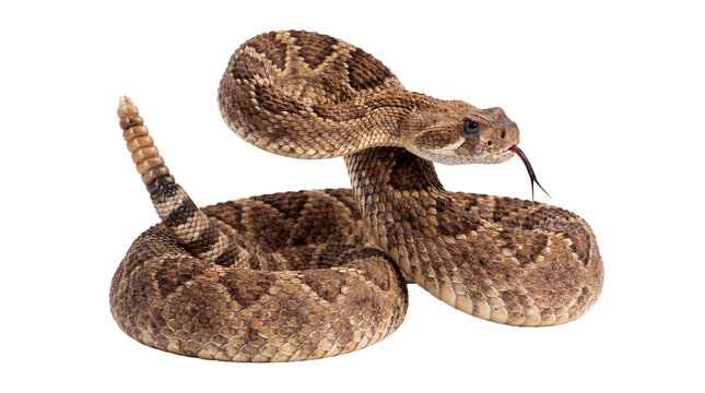 Western diamondback rattlesnake, a venomous pit viper, coiled and alert with its tongue flicking on a transparent.