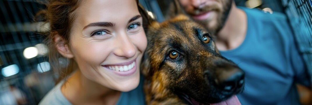 Young couple meeting shelter dog with volunteer in bright animal shelter