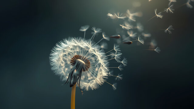 Lonely dandelion with flying seeds in the wind. Symbol of sadness, grief, solitude and fleeting life. Poetic and emotional nature background for loss, mourning and farewell themes	