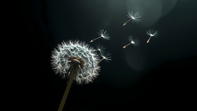 Lonely dandelion with flying seeds in the wind. Symbol of sadness, grief, solitude and fleeting life. Poetic and emotional nature background for loss, mourning and farewell themes	