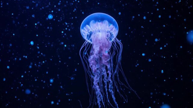 クラゲと一緒に浮遊する発光プランクトンの幻想映像