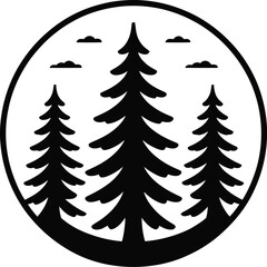 Fototapeta premium Black silhouette of three pine trees in a circle with clouds