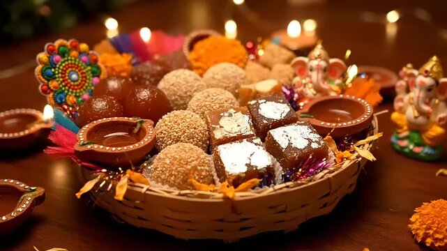 Diwali sweets platter, with deities, and diya lamps. Festive scene for celebration, traditional, colorful, happy mood. Close up on sweets in basket.