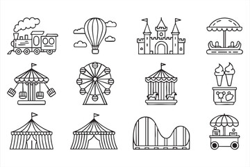 Amusement park and carnival line icons for theme park attractions, family entertainment and leisure travel graphics © Icon Nest