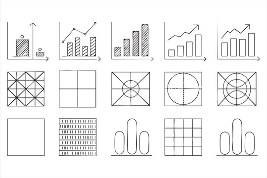 Business data charts and analytics outline icons for reporting dashboards and visualization platforms