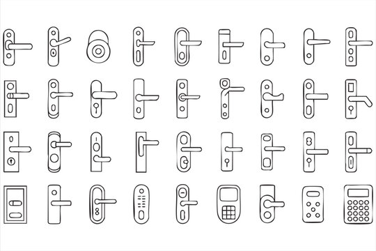Door lock linear icon collection, handle and latch symbols for architectural security design