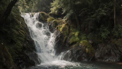 Obraz premium Cascading waterfall plunges into a serene pool, framed by lush green foliage and mossy rocks