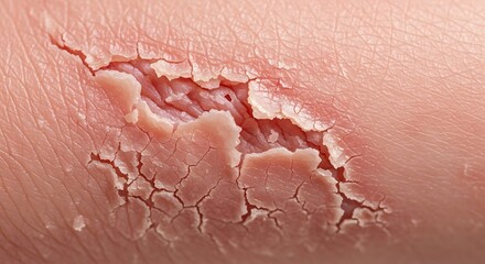 Fototapeta premium Close up of a severe skin abrasion with cracked and peeling epidermis revealing underlying tissue.
