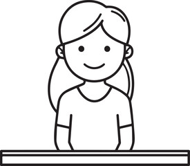Obraz premium Hand Drawn Woman Sitting at Desk Black and White Avatar Illustration in Minimal Line Art Style Design