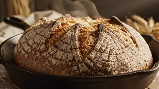 Rustic Sourdough Bread in Cast Iron Skillet - Close-up shot of a freshly baked loaf of sourdough bread in a black cast iron skillet. The bread has a rustic crust with a dusting of flour.