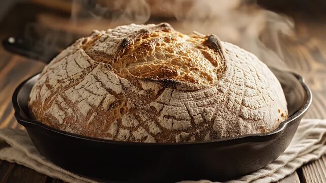 Fresh Baked Sourdough Bread - A close-up shot of a freshly baked, rustic sourdough bread loaf cooling in a black cast iron skillet.