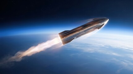 Fototapeta premium Powerful Rocket Launching into Space, Blasting Through Earths Atmosphere with Fiery Exhaust, Space Exploration and Future Travel Concept.