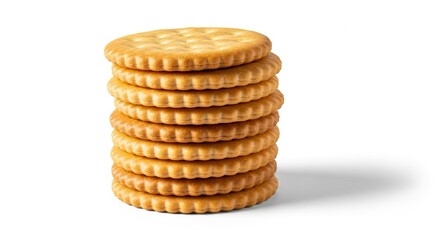 Stack of golden brown round cookies with crimped edges on white background perfect for baking or snacking concepts