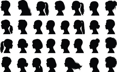 Collection of Male and Female Profile Silhouette Icons with Different Hairstyles Isolated on White Background for Avatar Design © Heyyy