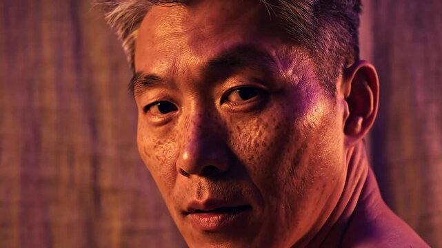 Close-Up Portrait of an Asian Man With Graying Hair and Freckles, Looking Directly at Camera