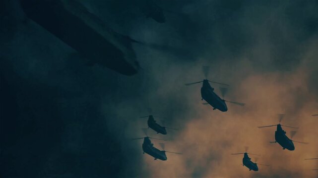 4K Military helicopter flying in the sky for combat mission. Air force defense and aviation technology concept.