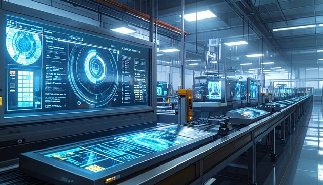 Futuristic Factory Control Room with Automation.