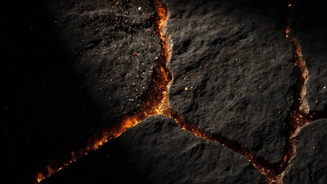 粗い岩肌の亀裂から銅色の光の粒が舞い上がるワイルドな映像