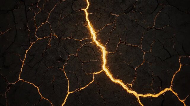 ひび割れた大地に黄金の川が流れるような壮大なドローン風俯瞰映像