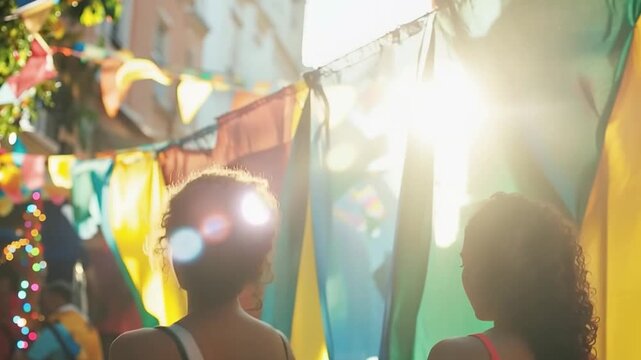 Festive Sunlight:  Silhouettes of two figures are framed against a vibrant banner display under a brilliant, sun-drenched sky, radiating an atmosphere of joy and celebration.