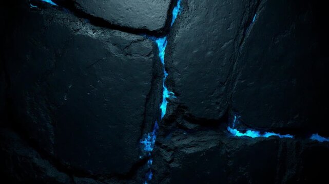 サイバーパンク風のネオンブルーが明滅するコンクリートの亀裂