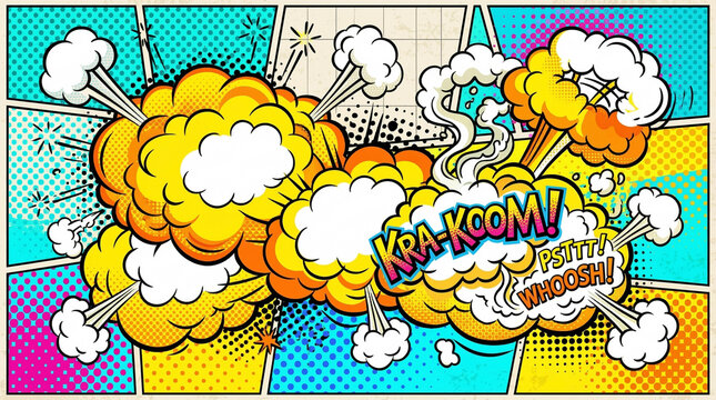 Pop art comic book explosion with floral vector pattern and pink roses