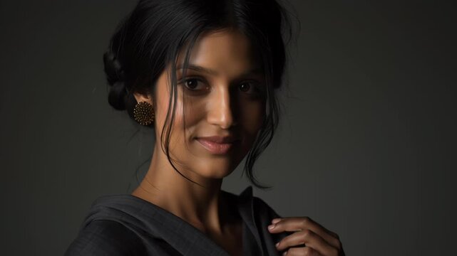 Indian woman studio portrait, clean lighting setup, simple composition, timeless professional look, Serene woman gazes softly into camera lens. Dark hair frames her calm, composed expression. 