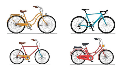 Obraz premium Set of four different bicycle styles including a vintage cruiser, a modern road bike, a city commuter, and a retro bicycle with a basket.