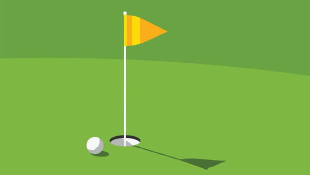 Close-up view of a white golf ball resting on a green putting surface near a hole with a yellow and orange striped flag waving in the wind.