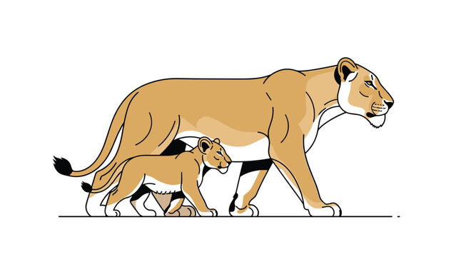 Profile view of a mother lioness walking gracefully with her small cub following closely by her side in a simple line art style on white background.