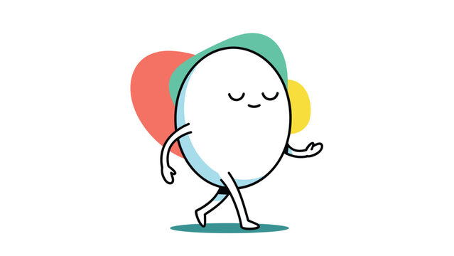 Minimalist character illustration of a walking egg with a peaceful face and limbs, set against abstract red, green, and yellow background shapes.
