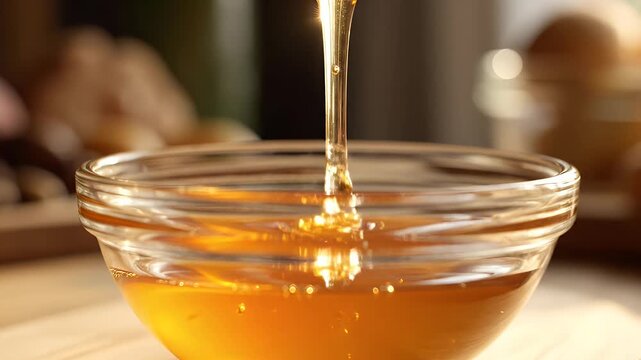 Honey Pouring into Glass Bowl - Close-up shot of golden honey being poured from a wooden spoon into a clear glass bowl. The honey is viscous and gleaming, reflecting the light beautifully.