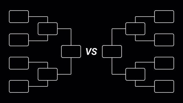 Tournament Bracket Animation for Competition Layout with White Outlined Boxes and Central Versus Text on Minimalist Black Background 4k video transparent