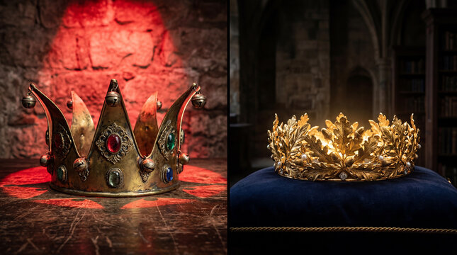 A gaudy brass crown under a harsh light next to a quietly glowing golden crown in the shadows, contrasting foolish pride with true wisdom.