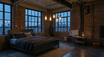 Fototapeta premium Urban loft bedroom with metal bed frame, exposed pipes, large factory windows