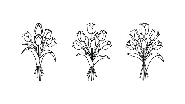 Set of three black outline vector illustrations depicting elegant bouquets of blooming tulips tied together simply.