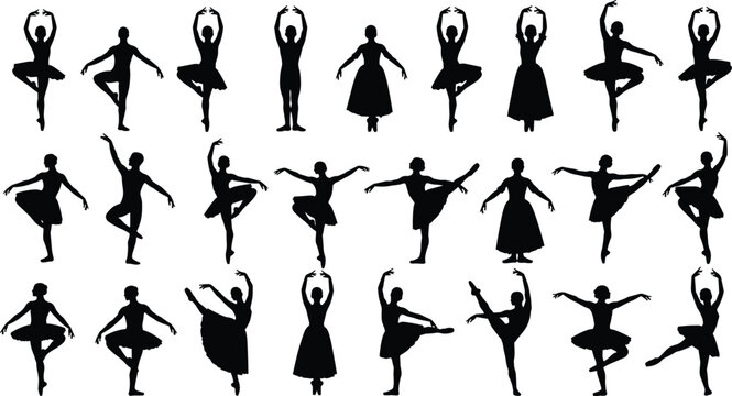 Elegant ballet dancer silhouettes in graceful classical poses showcasing diverse attire, dynamic movements, and artistic performance for dance vector illustration