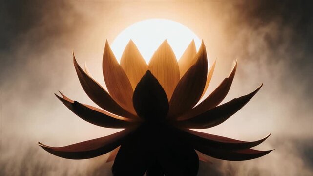 後光が差す発光する蓮のシルエットを捉えた映像